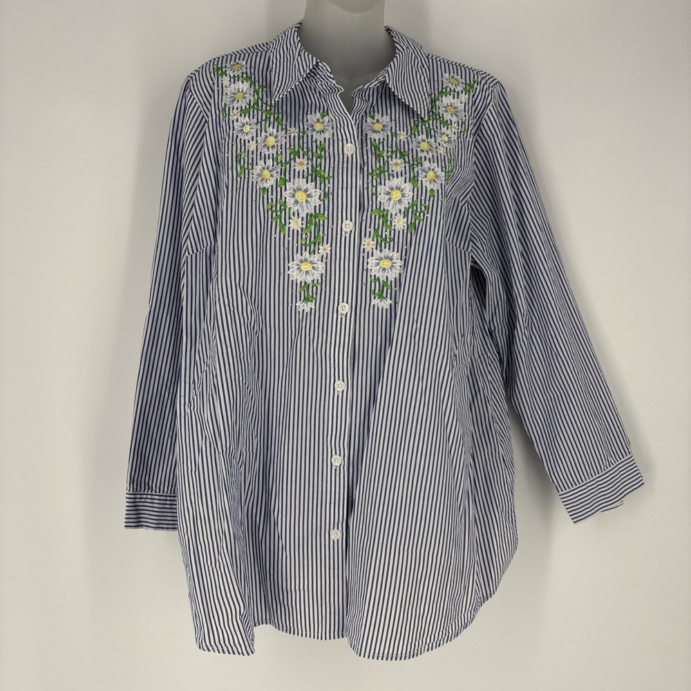 Quacker Factory Womens Embroidered Daisy Stripe Top Size 1X Cottagecore Floral
